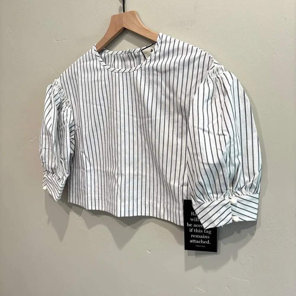 NWT Tuckernuck Edie Linen Puff Sleeve Crop Top in Blue Stripe - Size: Medium